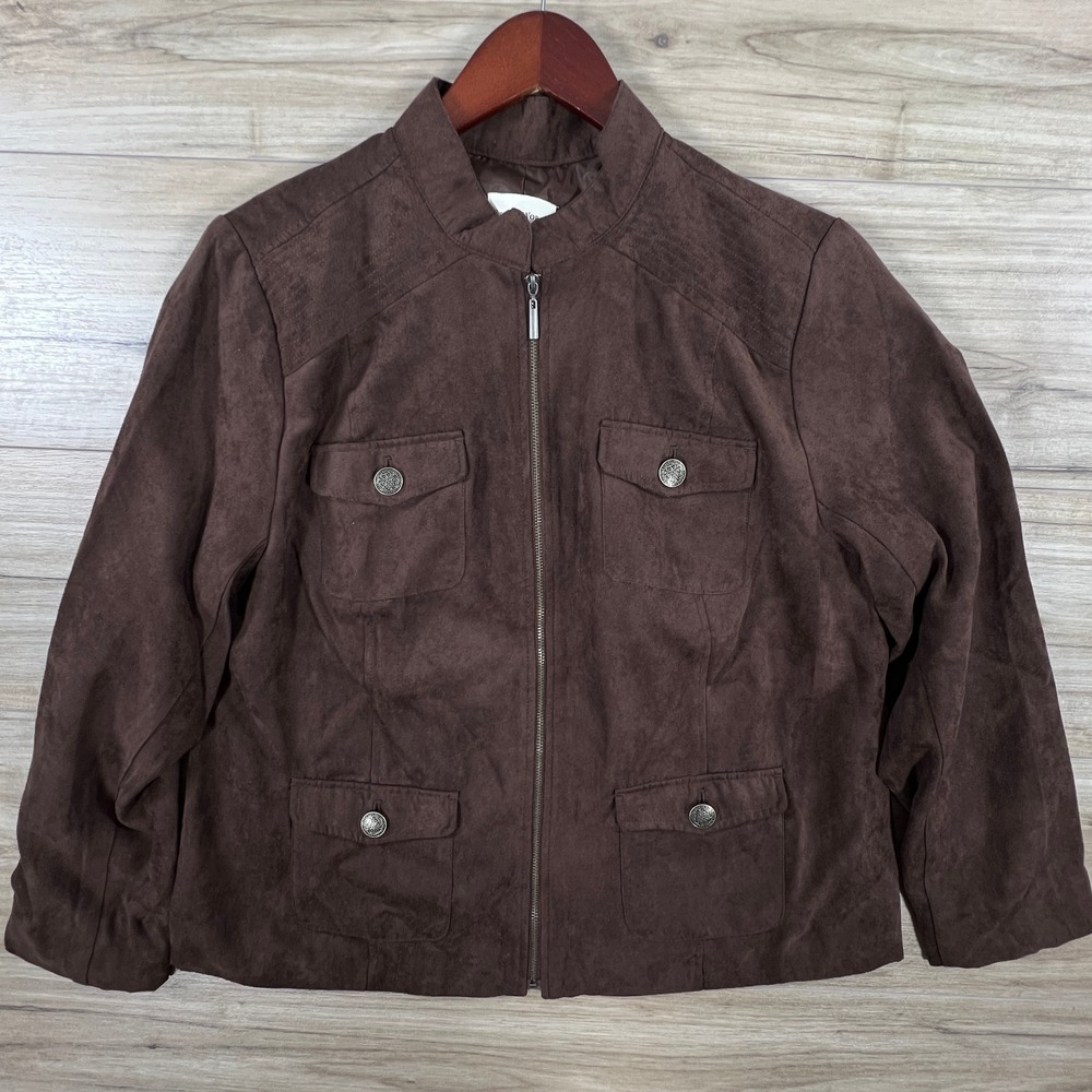 Studio Works Womens Faux Suede Zip Front Utility Jacket Brown Size 16